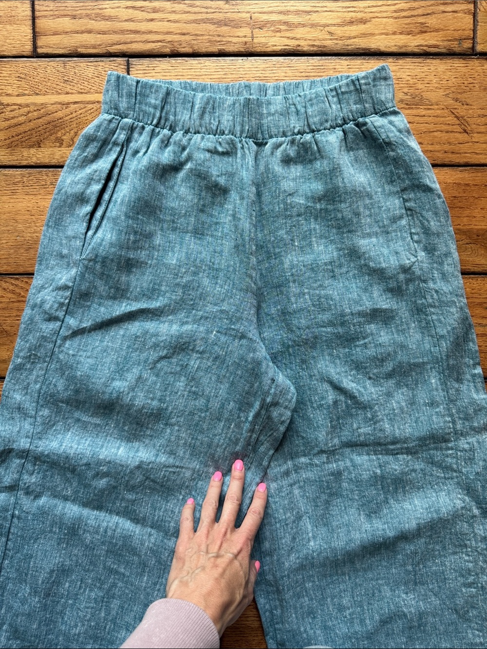 FLAX Pants Womens Sz P Teal Blue Linen Wide Leg Elastic Waist Boho Beach Pockets - Picture 2 of 11